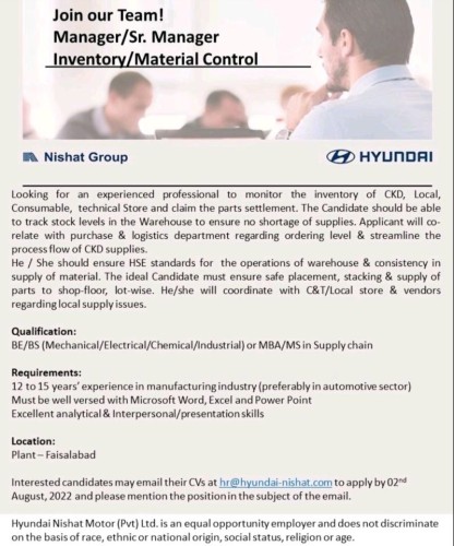 Manager/Sr. Manager Inventory/Material Control - Hyundai Nishat