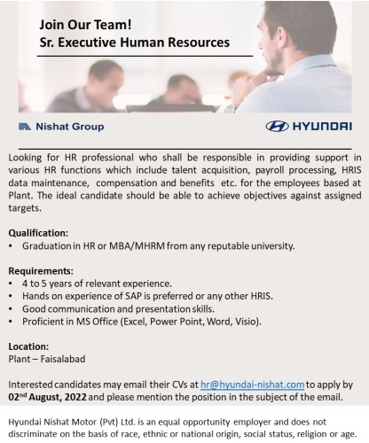 Sr. Executive Human Resources - Hyundai Nishat