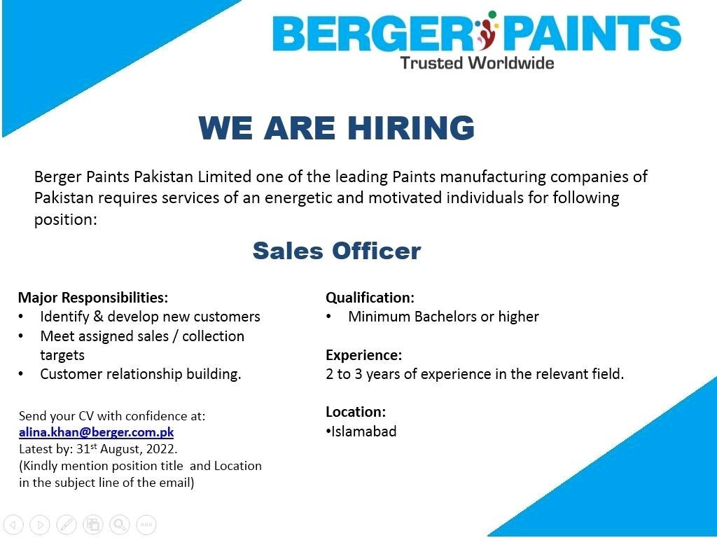 Multiple Vacancy Announcement (Sales) – Berger Pain Pvt) Ltd