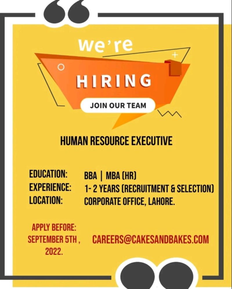 Human Resource Executive  –  Cakes & Bakes