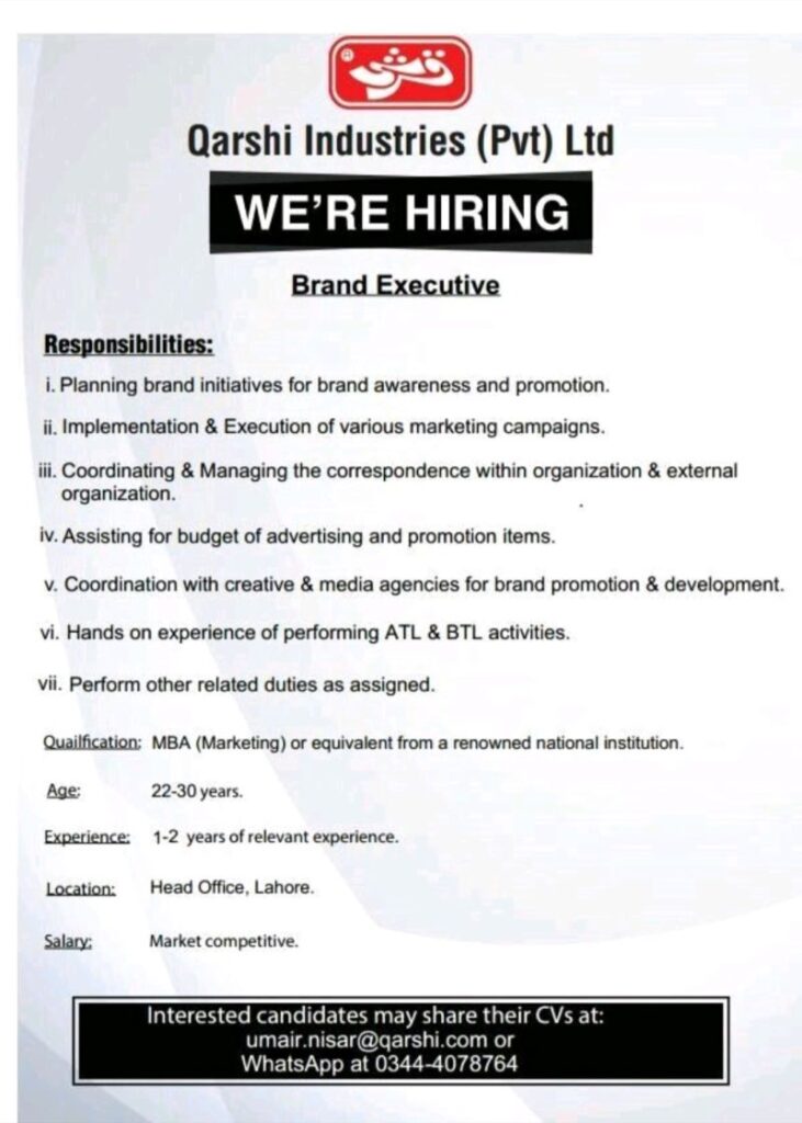 Brand Executive - Qarshi Industries(pvt) Ltd