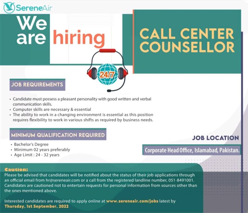 Call Center Consellor – Serene Air - Daily Jobs in Pakistan