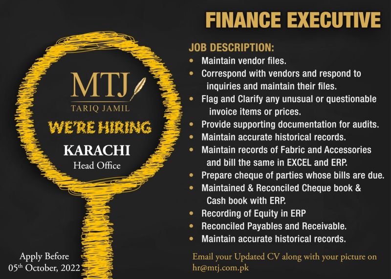 Assistant Manager & Executive Finance  – MTJ - Tariq Jamil