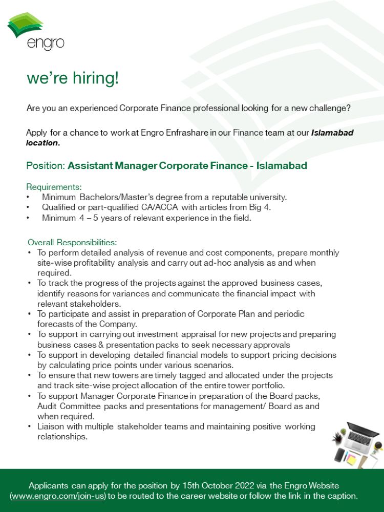 Assistant Manager Corporate Finance – Engro Energy Ltd